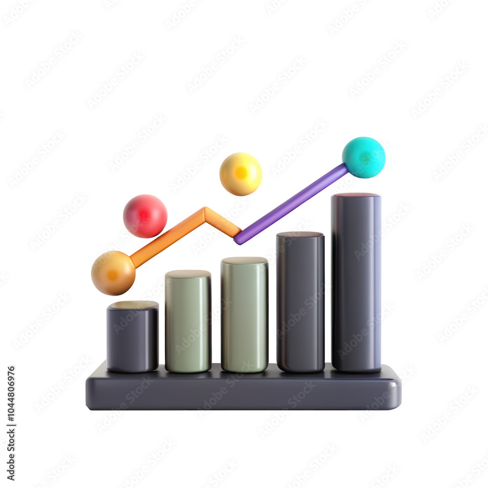 Poster a stylized 3d bar graph featuring colorful spheres and a zigzag line, representing data growth and a