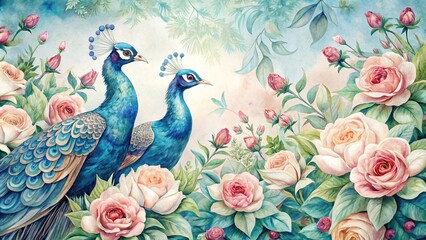 Vintage blue pair of peacocks with watercolor roses Extreme Close-Up