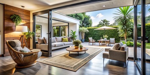 Fototapeta premium Fashion Photography of a Chic Home Interior with Open Door Leading to Elegant Patio Space, Showcasing Contemporary Design and Stylish Decor Elements