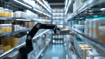 Naklejka premium Robot arm picking items from shelf, advanced warehouse automation, clean setup.