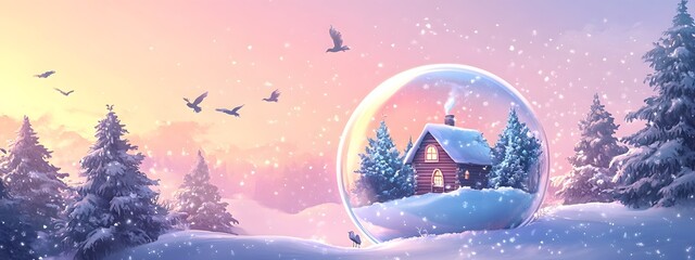 Fototapeta premium Beautiful winter fairy house inside a magic crystal ball, surrounded by forest trees, in a cartoon style with a colorful background and gradient color palette