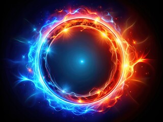 Obraz premium Magical Fire Light Effect with Drone Photography - Plasma Portal in Holographic Neon Circles, Lightning Ring Frame in Blue and Red against Transparent or Black Background