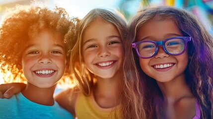 Fototapeta premium Three happy diverse little girls smiling at the camera.
