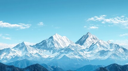 Obraz premium A panoramic banner mockup featuring a serene mountain landscape with a clear blue sky and snow-capped peaks, providing blank space for commercial text overlay, ideal for travel or outdoor promotions