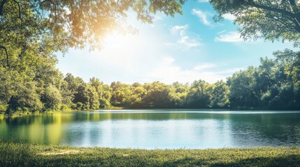 Fototapeta premium A panoramic banner mockup featuring a serene riverside with lush greenery and a clear blue sky, providing ample blank space for commercial text overlay, ideal for outdoor or eco-friendly promotions