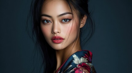 Fototapeta premium 美容とファッションの写真撮影のための花柄のシルクの衣装を着た若い女性のエレガントなポートレート