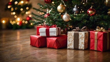 Presents under Christmas tree, decorated gift boxes photo, winter holiday celebration