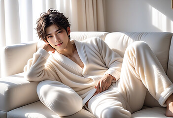 A handsome man relaxing on a white sofa in a living room with the morning sun shining in. Loungewear. Fluffy pajamas. Winter atmosphere.朝日の差し込むリビングルームの白色のソファでくつろぐイケメンな男性。部屋着。モコモコのパジャマ。冬の雰囲気。