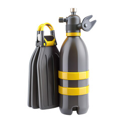 Fototapeta premium A 3D render of scuba diving gear featuring a black and yellow oxygen tank with fins, emphasizing model design and functionality.