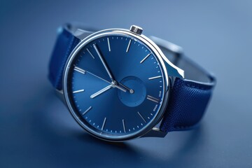 Elegant blue watch with a leather strap on a dark surface