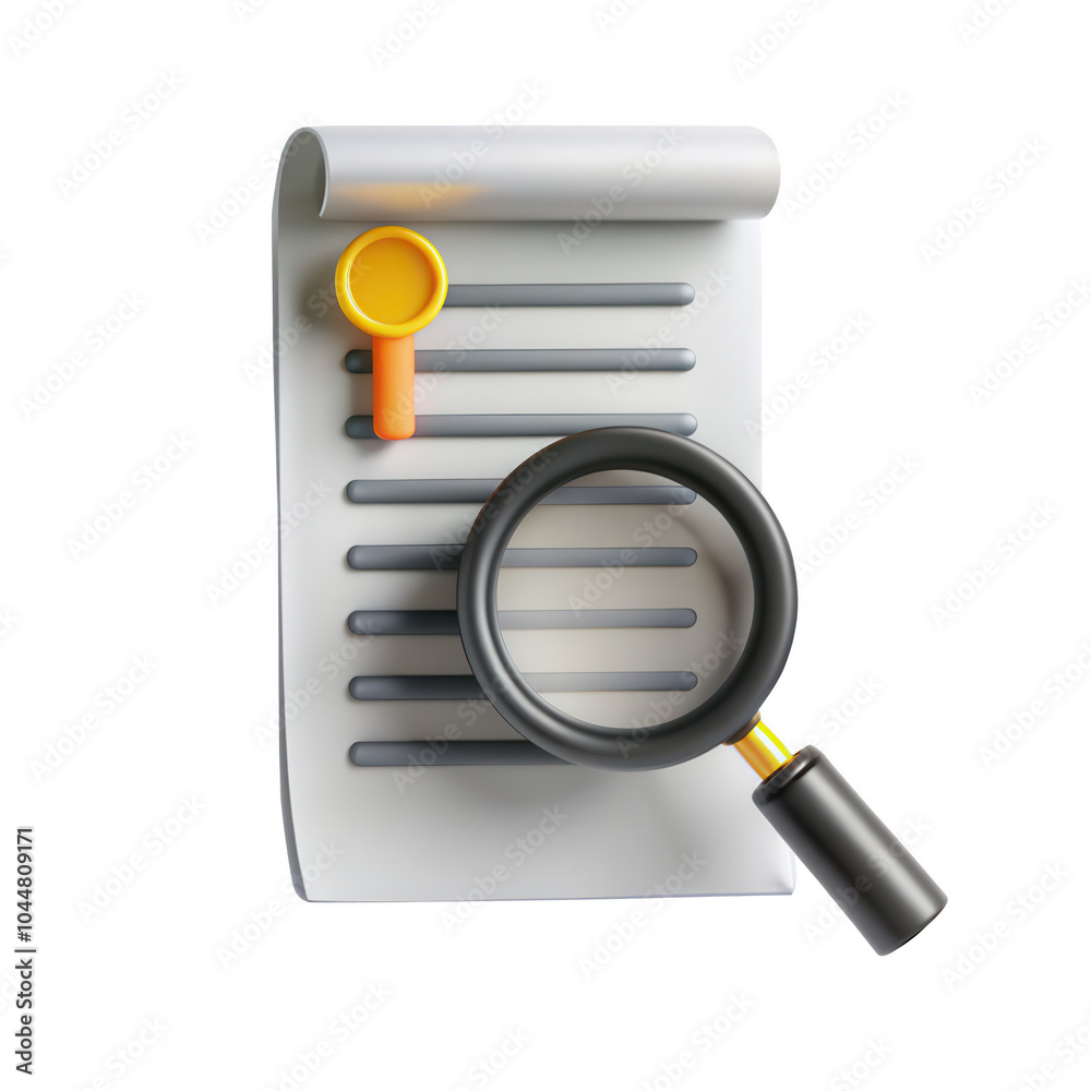 Poster a 3d render showing a document with lines and a magnifying glass placed over it, emphasizing details