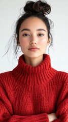 Fototapeta premium 心地よい冬のファッション：季節のブランディングと広告のための赤いニットセーターを着た女性