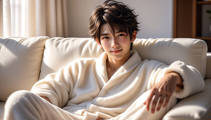 A handsome man relaxing on a white sofa in a living room with the morning sun shining in. Loungewear. Fluffy pajamas. Winter atmosphere.朝日の差し込むリビングルームの白色のソファでくつろぐイケメンな男性。部屋着。モコモコのパジャマ。冬の雰囲気。