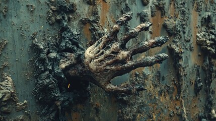 Zombie Hand Breaking Through Metal Wall
