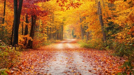 A panoramic banner mockup featuring a vibrant autumn forest with colorful leaves and a winding path, providing ample blank space for commercial text overlay, ideal for seasonal or nature promotions