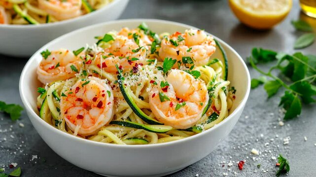 A bowl of zucchini noodles with shrimp, parsley, and red pepper flakes