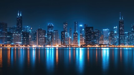 Obraz premium A panoramic banner mockup featuring a vibrant city skyline at night with illuminated buildings, providing ample blank space for commercial text overlay, perfect for urban or nightlife promotions
