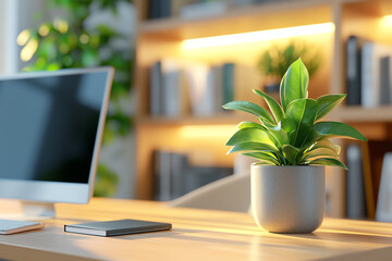 Fototapeta premium A serene workspace featuring a lush green plant in a modern office setting