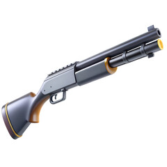 A stylized illustration of a shotgun, showcasing a detailed design with a wooden stock and metallic body. This 3D render has artistic flair.