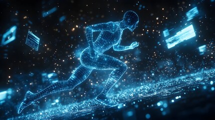 Blue wireframe hologram runner mid-stride, surrounded by floating digital interfaces, futuristic lighting, high contrast, 3D illustration