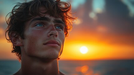A handsome young man with loving eyes gazes thoughtfully at a vibrant sunset over the ocean during golden hour