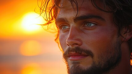 A handsome young man with loving eyes gazes thoughtfully at a vibrant sunset over the ocean during golden hour