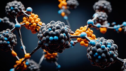 Closeup of a 3D molecular structure featuring orange and blue atoms connected by bonds on a dark background.