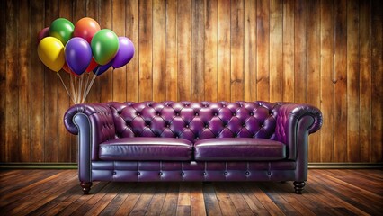 Vintage leather sofa with balloons against wood panel background
