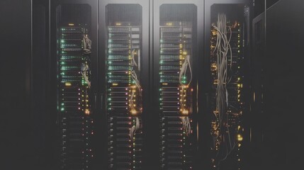 Close-up shot of a server rack with blinking lights and cables.