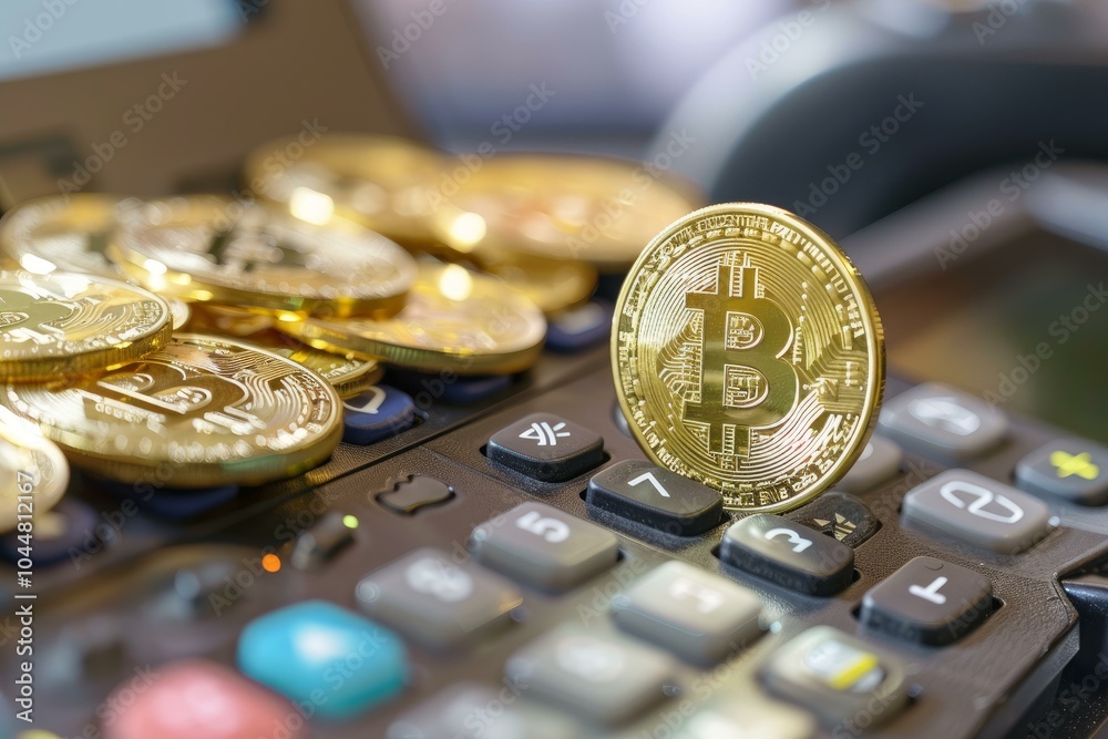 Poster bitcoin cryptocurrency standing on calculator keyboard buttons representing digital finance and inve