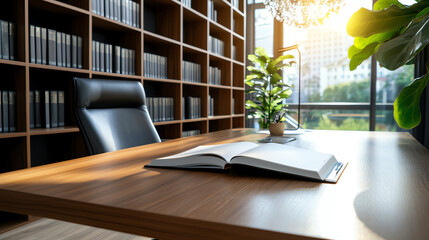 A serene workspace a modern office with natural light and bookshelves for inspiration