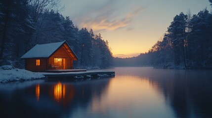 Fototapeta premium The northern lights dance beautifully above a serene forest, casting a magical glow on a hunting hut beside a river during a winter evening.