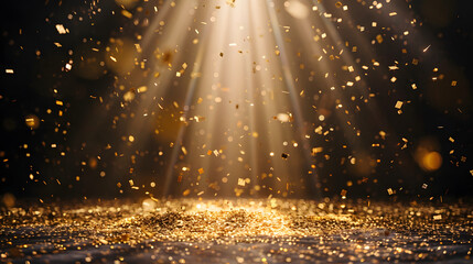 golden confetti rain on festive stage with light beam in the middle, empty room at night mockup with copy space for award ceremony, jubilee, New Year's party or product presentations
