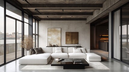Sleek ultramodern living room with a low white sofa black glass coffee table and polished concrete floors The space is accented by large windows and modern abstract wall art