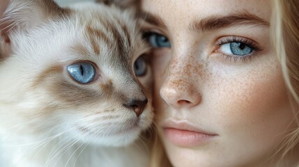 A beautiful girl and an affectionate kitten engage in a heartwarming nose-to-nose interaction, surrounded by a cozy, softly lit room.