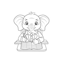 Black and white line art for kids coloring book of a cute small elephant doing home work, vector illustration design.