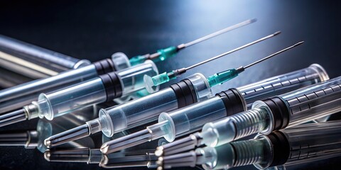 Silhouette medical syringes with needles on dark background