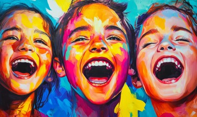 Obraz premium Three smiling children in colorful painting.