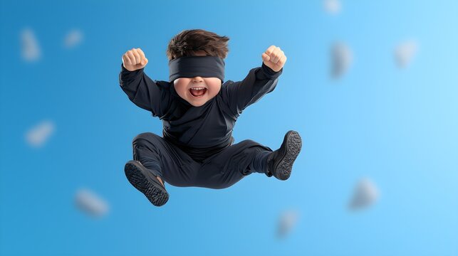 Joyful child dressed as a ninja jumping in mid-air