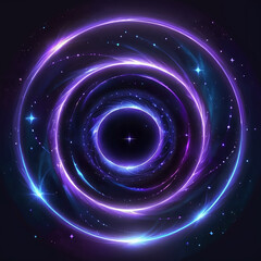 Obraz premium An abstract image with a black background and concentric circles of purple and blue light. The center is a black hole with a single white star. The image is reminiscent of a celestial body.