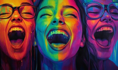 Obraz premium Three faces, vibrant colors, open mouths, screaming.