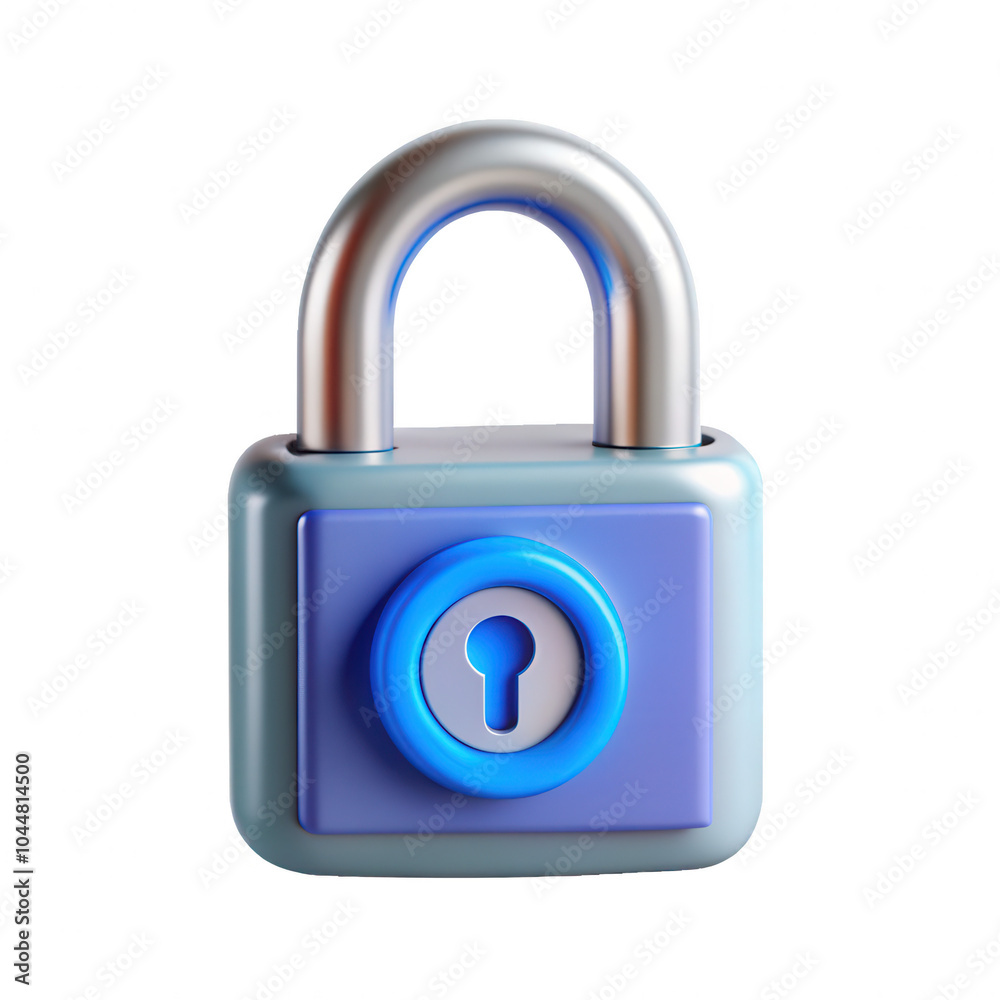 Poster a 3d render of a colorful padlock icon with a shiny metallic shackle and a visible keyhole. the desi