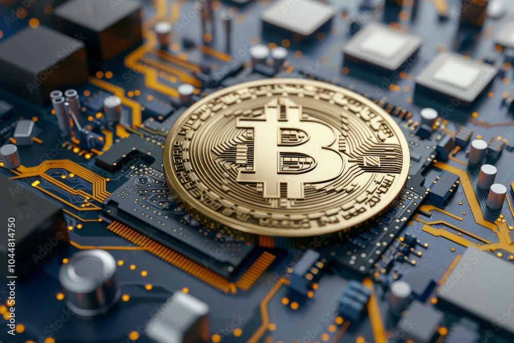 Poster gold bitcoin coin is lying on a circuit board, suggesting the connection between cryptocurrency and 