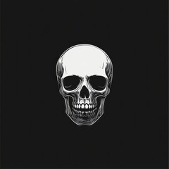 A skull is shown in black and white on a black background