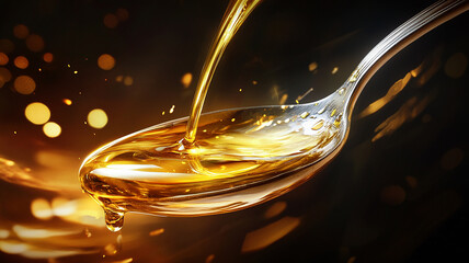Close up spoon olive oil dropping on it with dark background, golden liquid generated.AI