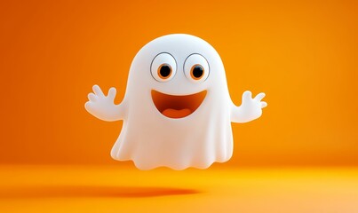 Obraz premium Smiling cartoon ghost on orange background.