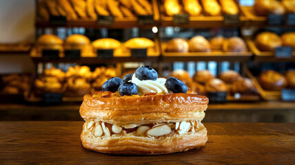 A beautifully crafted Danish pastry garnished with fresh blueberries and cream cheese, sitting on a golden plate in a cozy bakery setting. Ideal for food photography or pastry-related visuals. 