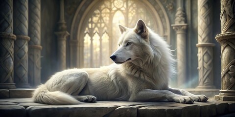Silhouette of a majestic white wolf resting in a serene scene amidst ecclesiastical ornamentation