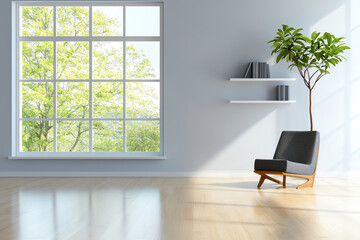 Fototapeta premium Modern minimalist living room with natural light and indoor plant