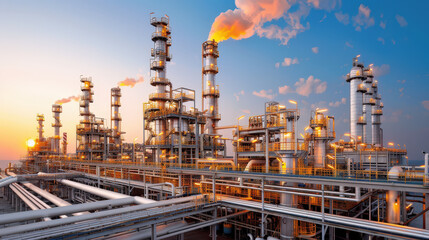 Fototapeta premium glowing refinery at dusk with steam rising, showcasing industrial structures and pipes against vibrant sky. scene captures essence of energy production and innovation